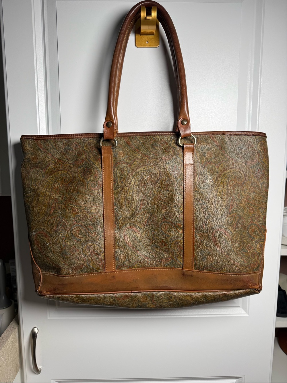Vintage Italian Paisley Coated Canvas Leather Large Tote Bag Made in Italy